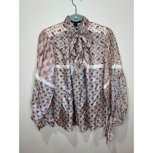 Louis Vuitton 2018 Silk Floral Striped Blouse Neck Bow Sz 34 Pink Blue
